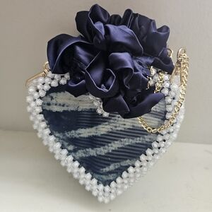 Heart-Shaped Blue and White Beaded Bag